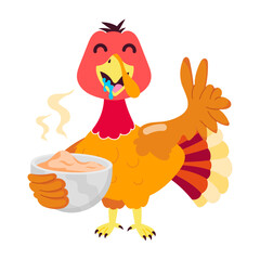 A flat style sticker of turkey eating food 