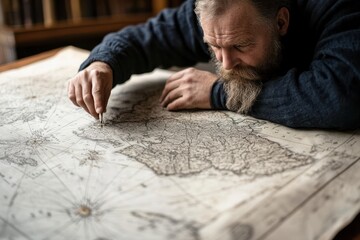 A classic engraving of a 17th-century explorer charting new lands on a detailed map. 