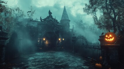 An eerie old mansion stands amidst fog, illuminated by soft lights. Jack-o'-lanterns adorn the entrance, creating a spooky yet enchanting atmosphere typical of Halloween night