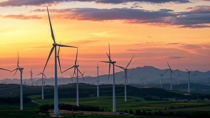 Fototapeta premium Sunset over Wind Farms , Wind Turbines at Dusk