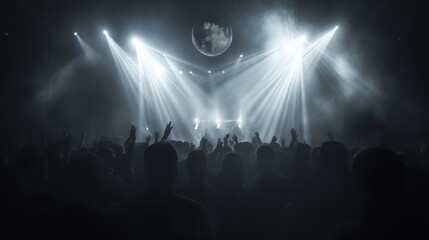 silhouette of concert crowd in front of bright stage lights. Dark background, smoke, concert...