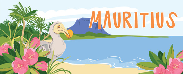 View from the beach to the panorama of Mauritius island and Le Morne Brabant mountain. Dodo endemic extinct bird, flowers of Mauritius trochetia boutoniana. Vector landmarks in flat style. Paradise. © Tata Pilip