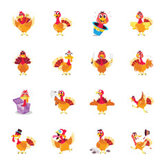 Basic RGBPack of Flat Style Thanksgiving Turkey in Different Poses 

