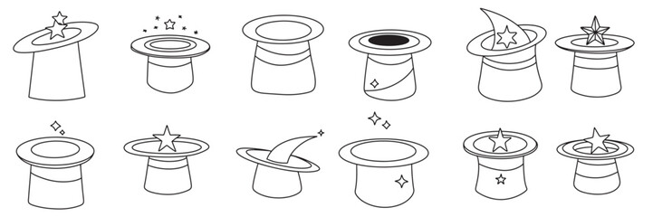 Collection of wizard cap in doodle style. Hand drawn vector art.