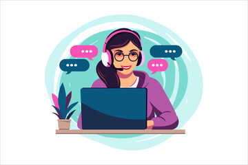 Customer service concept. Woman with headphones and microphone with laptop. Support, assistance, call center. Vector illustration. Flat style