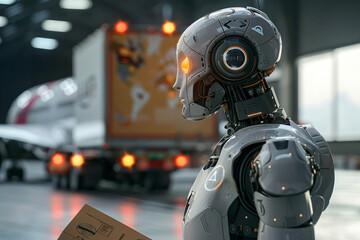 Fototapeta premium Robot in uniform and helmet, truck, Robot delivery service concept. 