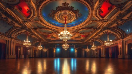 Obraz premium Majestic Ballroom with Ornate Ceiling Design, Crystal Chandeliers, and Warm Lighting with Red and Blue Accents