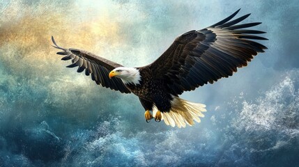 Obraz premium Bald Eagle in Flight Over Watery Background