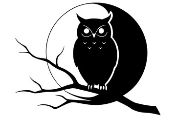 owl perched on a tree branch against a full moon silhouette Vector with a white background