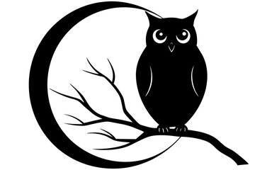 owl perched on a tree branch against a full moon silhouette Vector with a white background