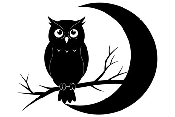owl perched on a tree branch against a full moon silhouette Vector with a white background