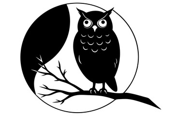 owl perched on a tree branch against a full moon silhouette Vector with a white background