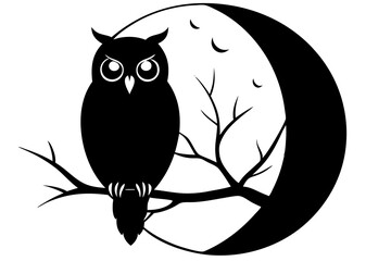 owl perched on a tree branch against a full moon silhouette Vector with a white background