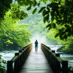 A solitary figure stands on a wooden bridge surrounded by dense green forest, with mist rising from a flowing river below.