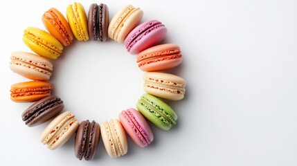 Obraz premium A selection of colorful French macarons arranged in a circle with plenty of space for text in the center. Ideal for dessert promotions or festive designs.