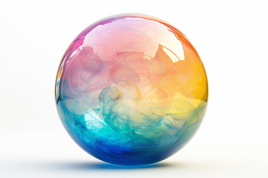 Close-up of a vibrant rainbow-colored soap bubble, floating against a white background.
