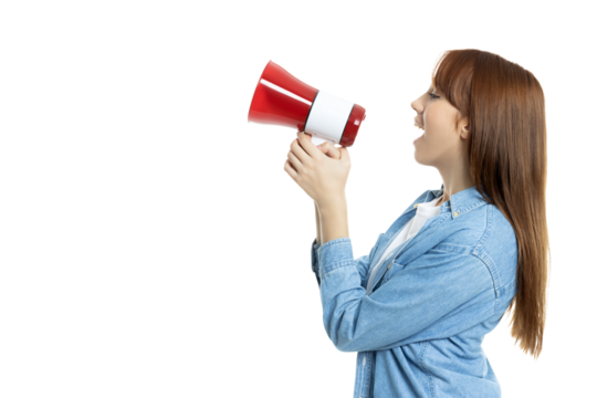 PNG,An attractive young girl with a loudspeaker in her hands, isolated on white background