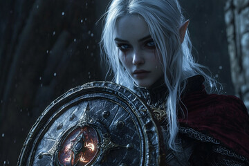elven warrior with white hair and red markings on her face, holding a shield with a glowing emblem, standing in a rain-soaked fortress