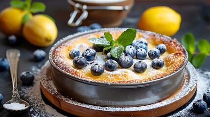 Sweet treat of lemon blueberry cake in a dish with sugar in it