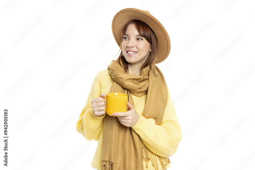 Wall mural PNG, a girl in a hat and a scarf with a cup in her hands, isolated on a white background