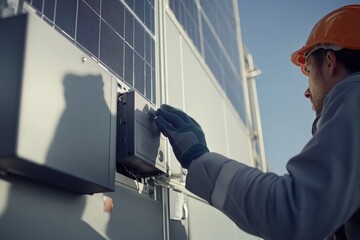 A technician adjusting a solar inverter on the side of an office building, with both hands carefully tightening screws, wearing gloves, with the sun reflecting off the panels above.