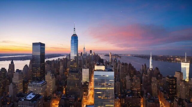 昼から夜に移るニューヨークダウンタウンの風景と近代的な高層ビル群の美しいコントラスト