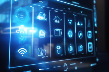a futuristic smart home control panel, with holographic displays and a sleek, modern interface, showcasing the latest in home automation technology