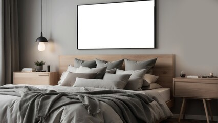Minimalist Bedroom Interior with Gray Blanket and Wooden Bedside Tables
