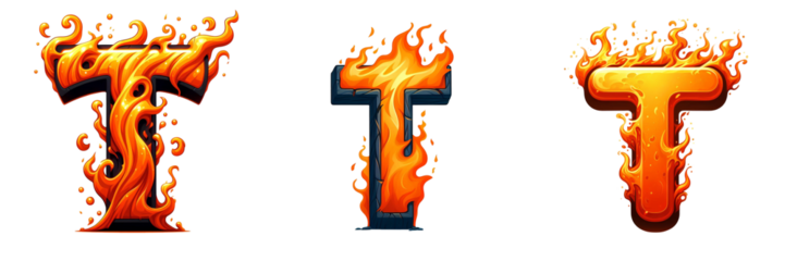 T - alphabet letters made from fire, in cartoon style, isolated white background