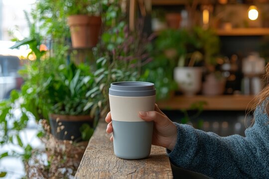 A customer holding a reusable coffee cup with a silicon lid, their fingers gently gripping the cup, as they lean on a reclaimed wood counter in a cafe filled with potted plants.