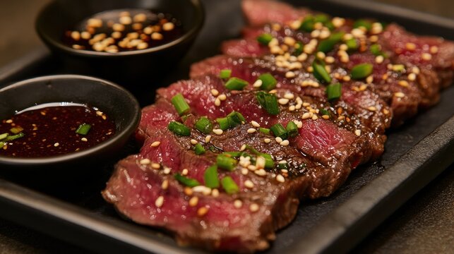 An exquisite Wagyu beef tataki with a light soy dipping sauce and garnished with sesame seeds and green onions . --ar 16:9 --v 6.1 Job ID: 7ecc62b5-8240-4dcb-8755-49a5a19b7326 - Powered by Adobe