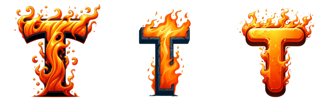 T - alphabet letters made from fire, in cartoon style, isolated white background