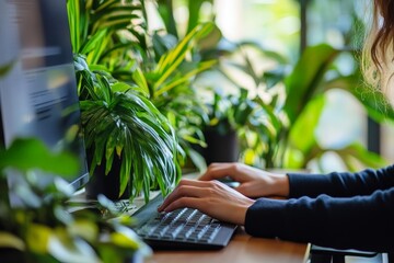 An office worker sitting at a desk filled with indoor plants, with their hand gently touching a plant leaf while typing on a keyboard, in a workspace designed with sustainability in mind.