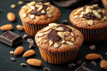 Chocolate chip muffins with almonds. Perfect for a bakery website or blog post about baking.