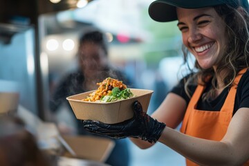 A food truck worker serving a customer, handing over a meal in a compostable container made of sugarcane, with the worker's gloved hands visible, and a smiling customer holding the container with