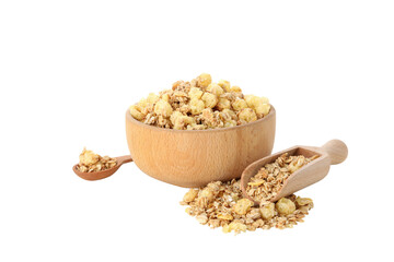 PNG,Muesli in wooden bowls, isolated on white background