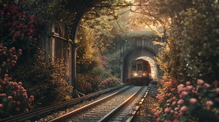 The train was entering a tunnel with large and small trees on both sides and Colorful flowers