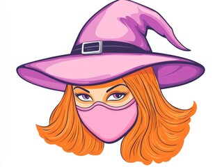 Flat vector illustration of a violet witch mask with pink accessories.