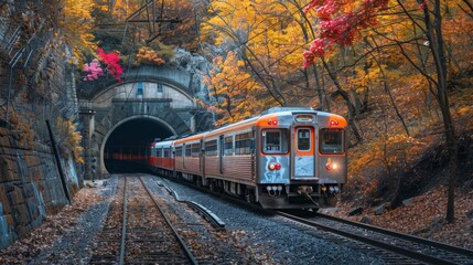 Obraz premium The train was entering a tunnel with large and small trees on both sides and Colorful flowers