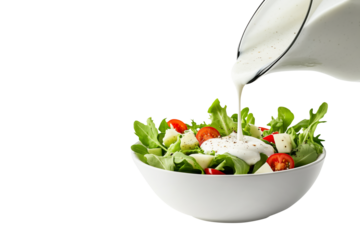 Ranch Dressing being poured on green salad with cherry tomatoes and cheese cubes in bowl isolated on a white background