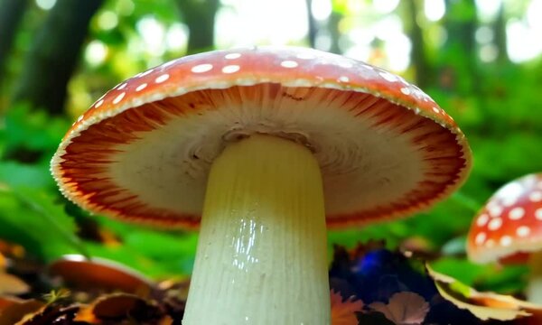  Amanita muscaria or &ldquo;fly agaric&ldquo; is a red and white spotted poisonous Toadstool Mushroom. Group of fungi in a autumn season forest in Iserlohn Sauerland Germany. Macro close up from frog perspective