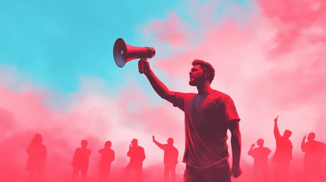 A man is holding a megaphone and shouting at a crowd of people. The scene is set against a backdrop of a pink and blue sky. Scene is one of protest and unity