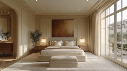 Fototapeta premium bedroom and master bathroom in a new luxury home, showcasing elegant decor, high-end finishes, and modern amenities 