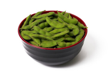 Black Bowl Filled with Vibrant Green Edamame Beans Isolated on White Background