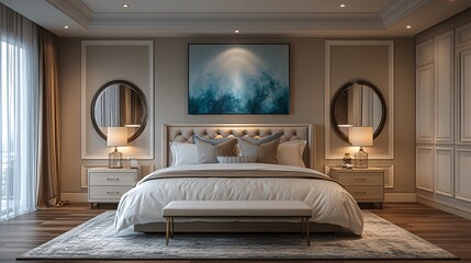 bedroom and master bathroom in a new luxury home, showcasing elegant decor, high-end finishes, and modern amenities
