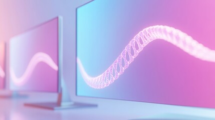 Three computer monitors are displayed side by side, each with a pink and blue wave pattern. The screens are arranged in a row, with the leftmost monitor being the shortest