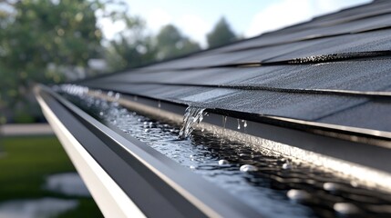 Rainwater flowing into a gutter. This image can be used to illustrate the importance of a properly functioning gutter system.