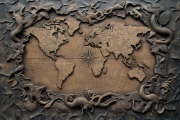 A detailed engraving of an old-world map, showing sea monsters and intricate compass roses