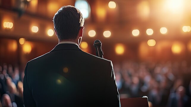 A man speaks to a crowd from a stage. The photo can be used for articles about public speaking, conference, or business meetings.