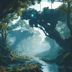 A cybernetic forest with AI-enhanced wildlife.